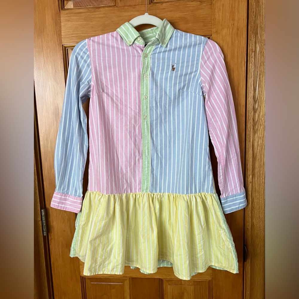 Polo Ralph Lauren Striped Color Block Oxford Dress Girls Size 10 pink blue EUC - Picture 2 of 4